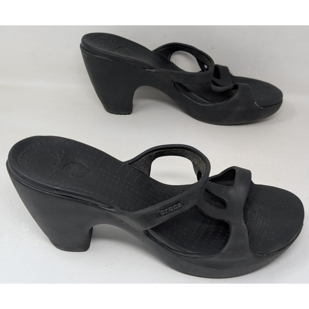 Crocs‎ Cyprus II Black T-Strap High Heel Wedge Sandals Womens Size 9 Platform
